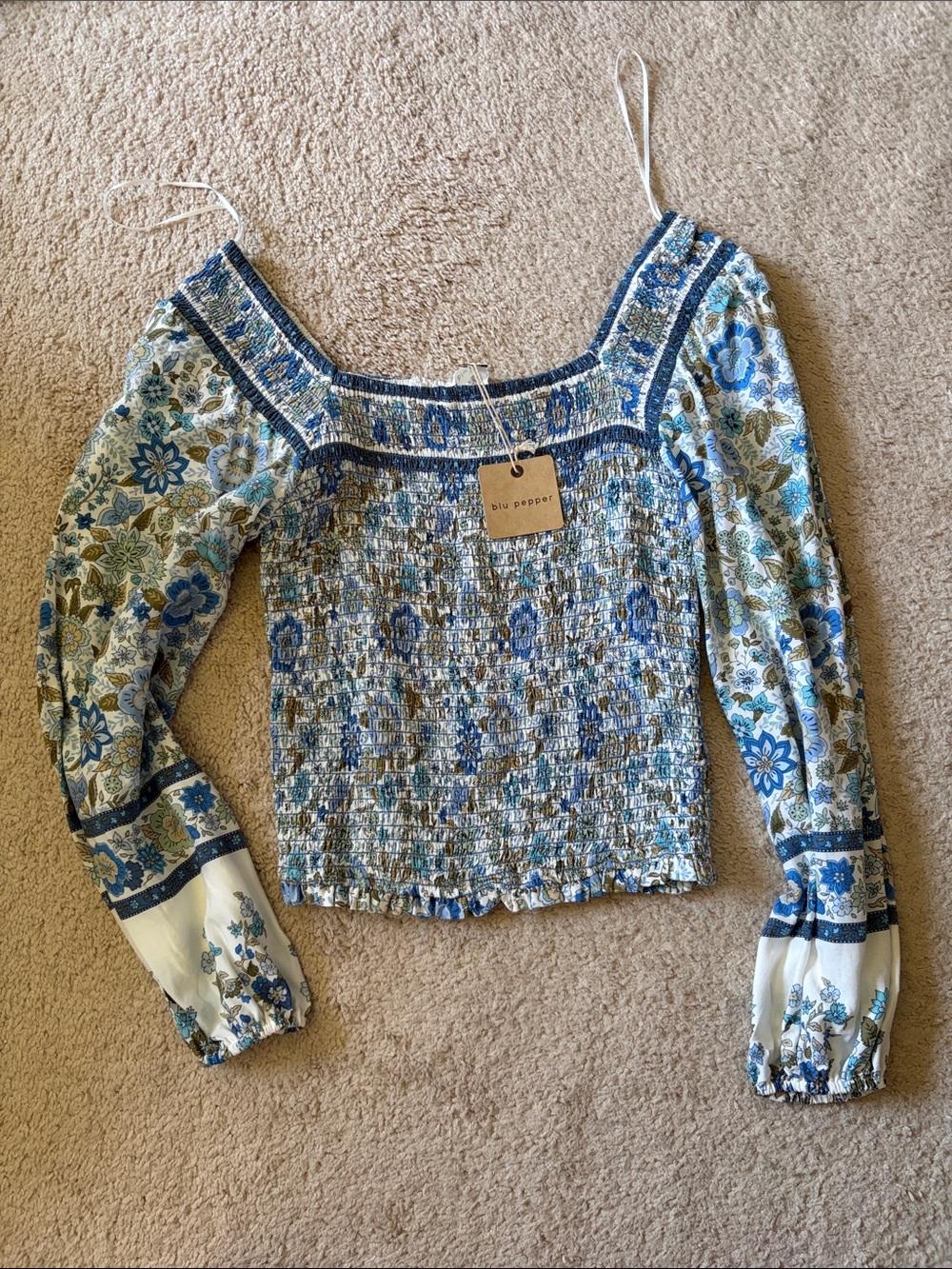 Blu Pepper Blue & Cream Floral Smocked Square-Neck Top